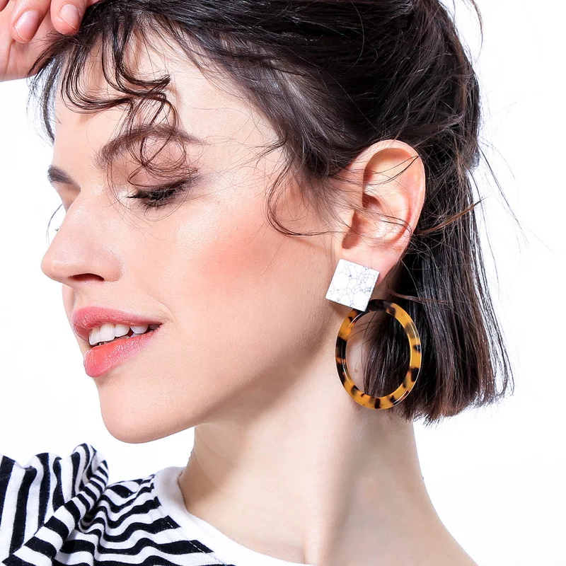 ZWPON 2019 Trendy Geometric Square Howlite Stone Resin Leopard Circle Drop Earrings for Women New Statement Jewelry | Украшения и
