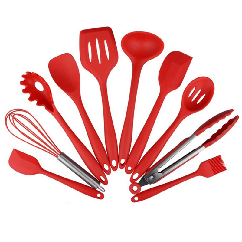 

Silicone Kitchen Utensils 10 Piece Cooking Utensil Set Spatula, Spoon, Ladle, Spaghetti Server, Slotted Turner. Cooking Tools