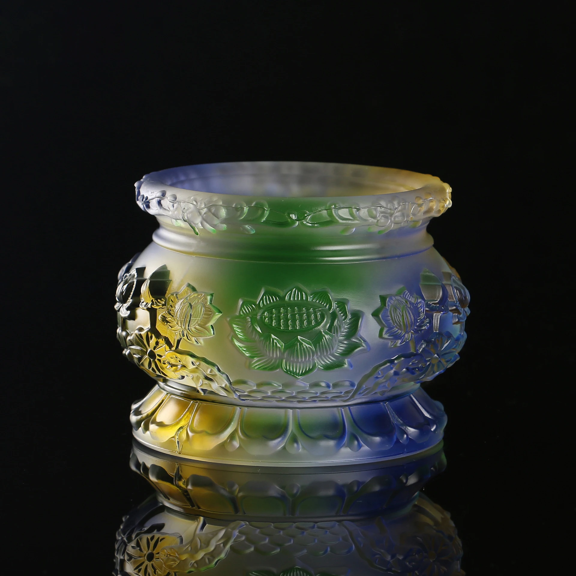 

Lotus Carving Incense Burner LiuLi Coloured Glaze Color Glass Table Home Decor Buddhist Supplies Sandalwood Holder Glazed Censer