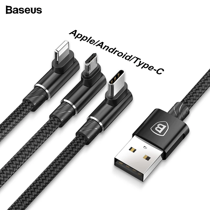 Usb-кабель Baseus 90 градусов для iPhone XS Max XR X 8 7 6 6 S, зарядный шнур 3 в 1, кабель Micro USB type-c, кабель USB type-C - Цвет: Black