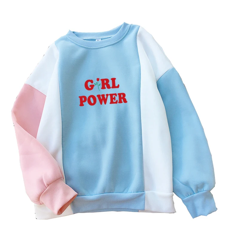 

Rose Print Hoodies Sweatshirt Kpop Winter Warm Women Casual Long Sleeve Patchwork Harajuku Funny Letter GIRL POWER Pullover Tops