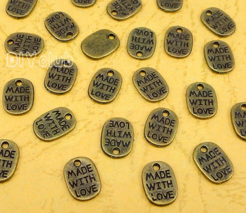

200pcs-Antique Bronze Made With Love Charms Pendant 11x8mm
