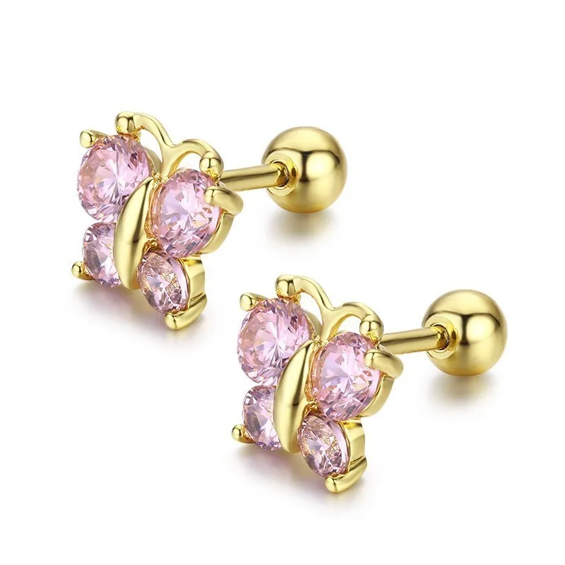 pink 5 цветов, милые серьги-гвоздики с бабочкой и закручивающейся задней частью для женщин, детей, маленьких девочек, кубический циркон, золотого цвета, ювелирные изделия Aros Oorbellen - Окраска металла: pink