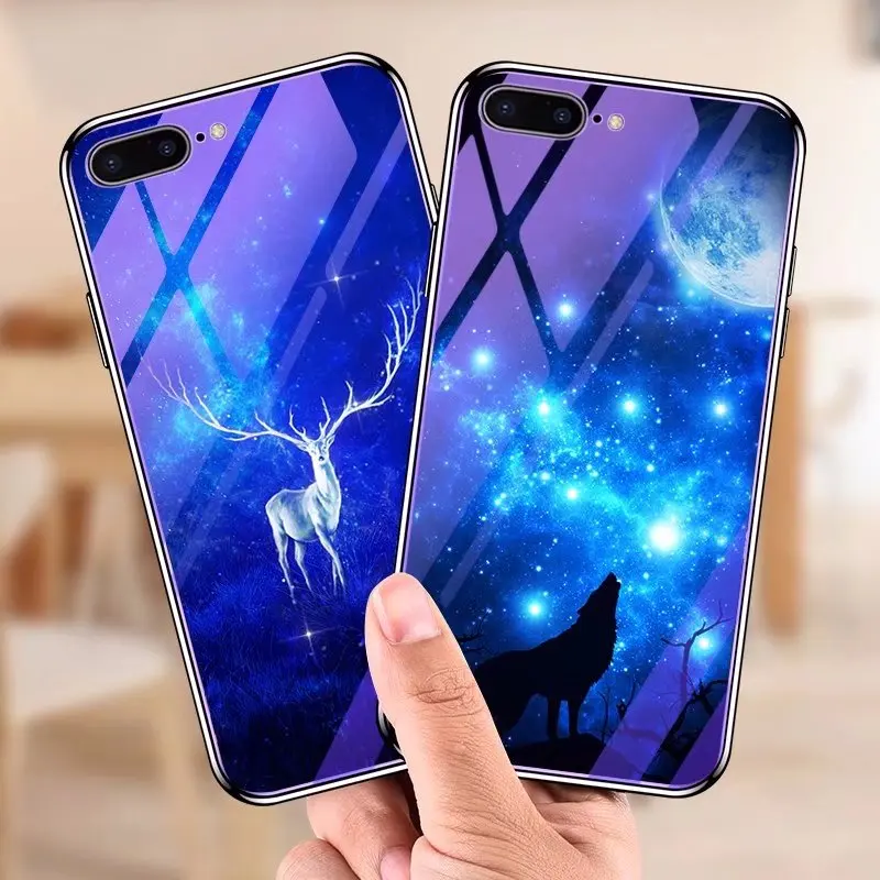 Чехол для Телефона iphone 7 плюс 8 plus X Площадь синий Стекло оболочки звезды Лось волк
