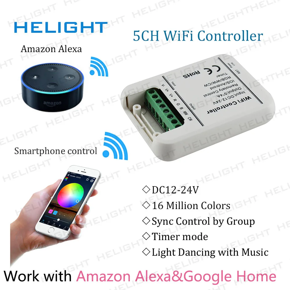 Wifi RGB+ CCT 5CH полоса управления Лер музыка и таймер управление Лер смартфон приложение управление Amazon Alexa Google Home Голосовое управление DC12-224V