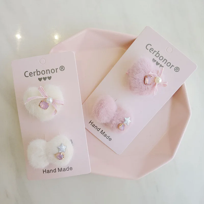 2pcs/card Girls Bow Hairpins Baby Heart Hair Accessories Fashion Hairgrip For Kids Wool Children Cute Headdress Infant Barrettes | Детская