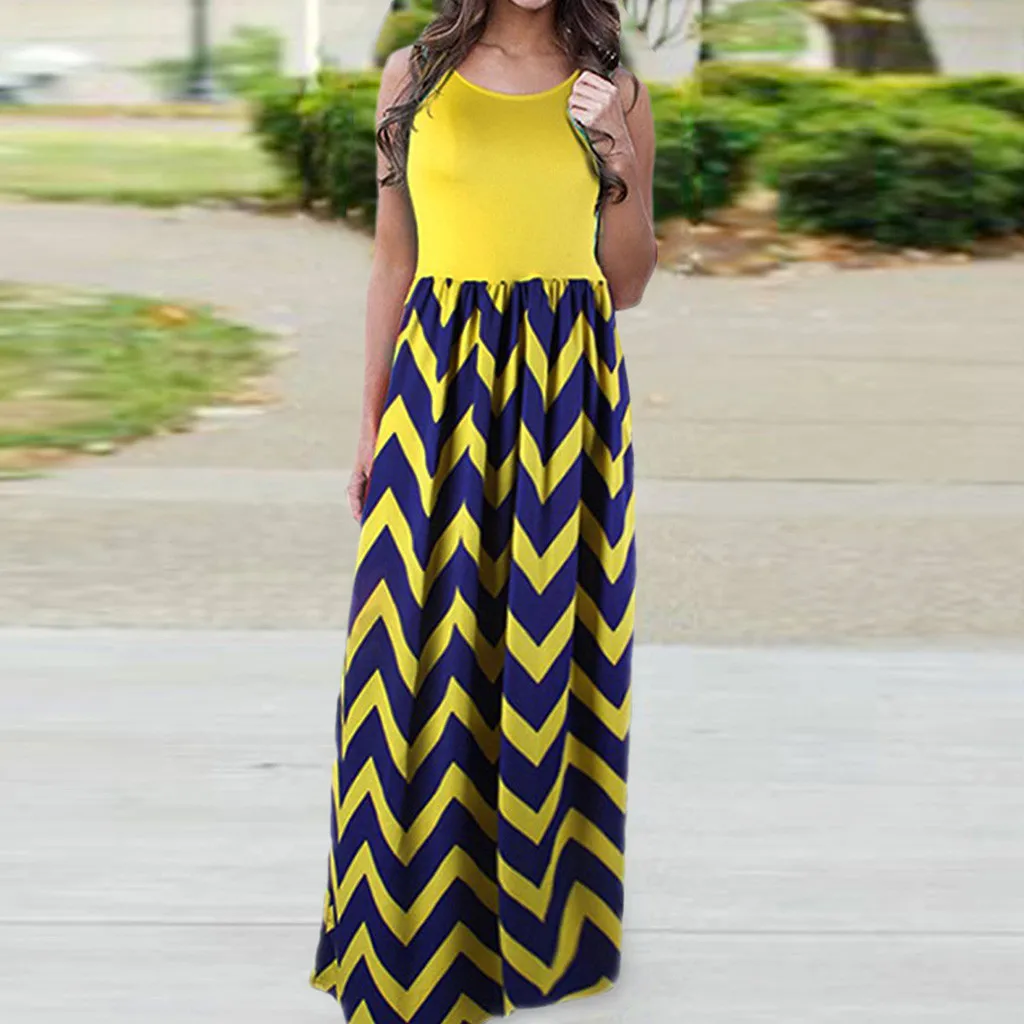 Женское повседневное пляжное платье без рукавов в полоску Boho летнее макси с