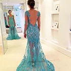 Бирюзовые вечерние платья с длинным рукавом, длинное кружевное платье для выпускного вечера, 2016, вечерние наряды с юбкой-годе, прозрачное вечернее платье