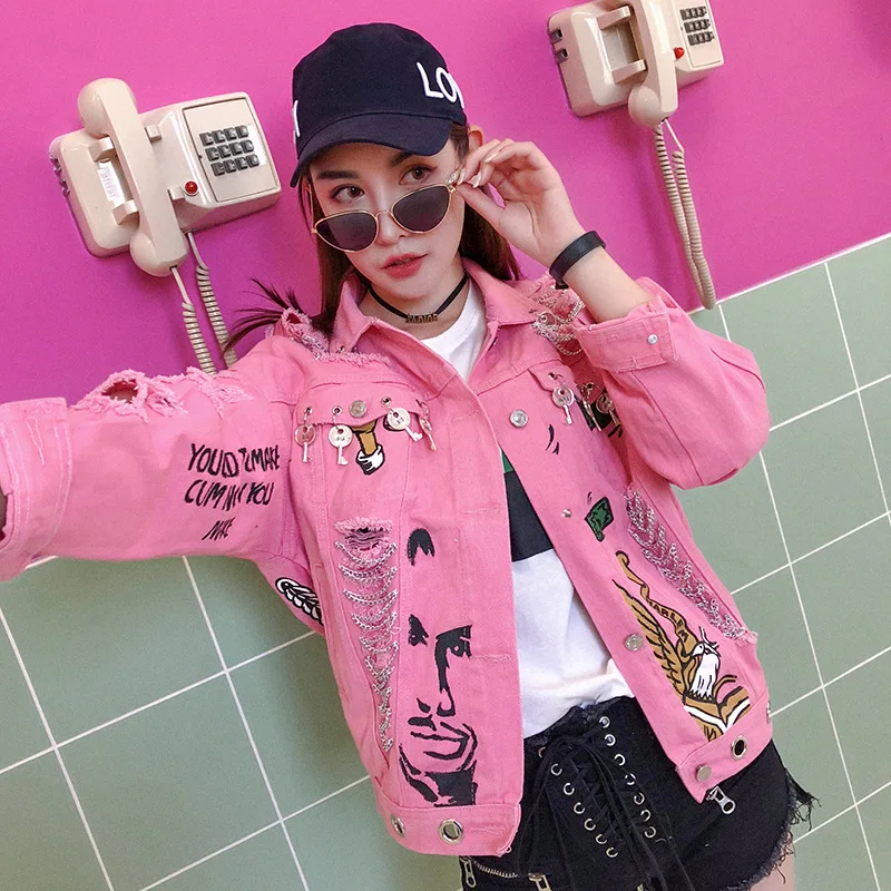 Весенняя Новинка женская модная куртка розовая джинсовая с принтом буквенным