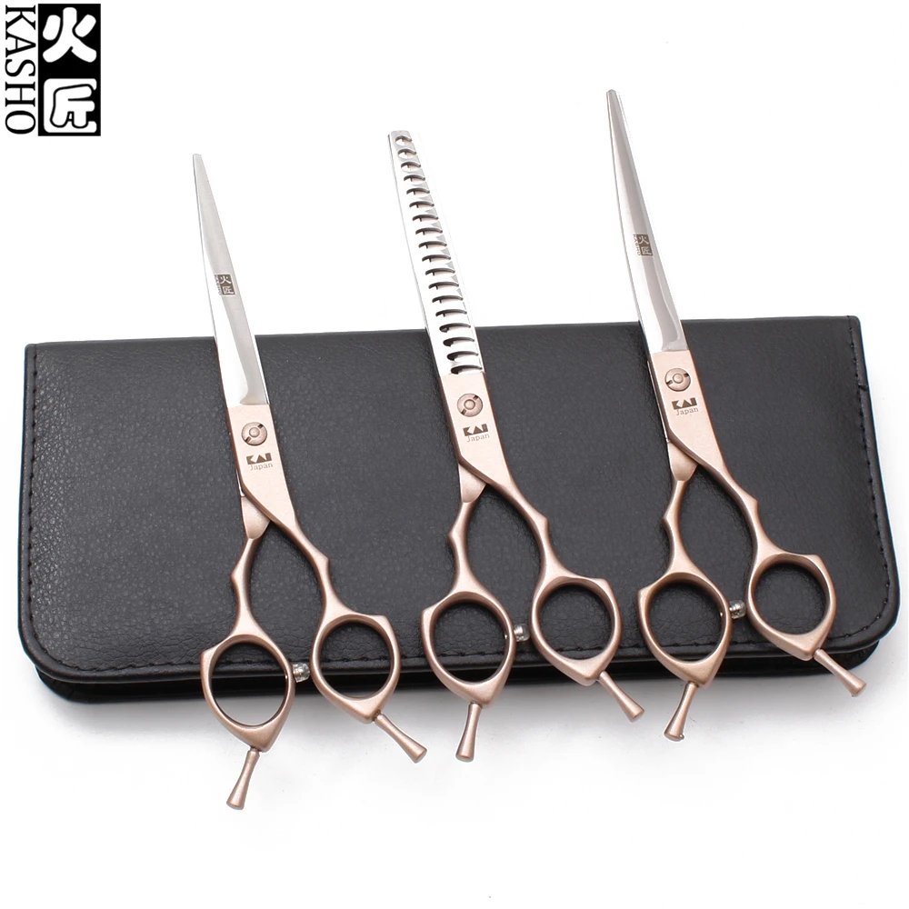 7&quot Japan 440C Kasho Rose Gold Straight Scissors Thinning Shears+UP Curved Shears Animal Grooming Pets Set H3009 | Красота и