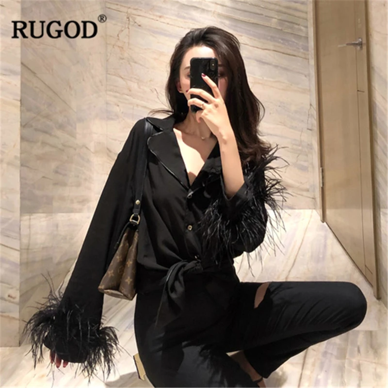 RUGOD/2019 Новое поступление женская черная рубашка однобортный воротник с длинными