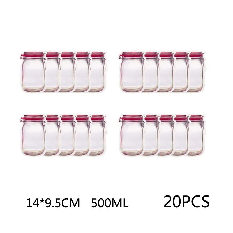500ML 20PCS 20 шт./компл. многоразовые Пластик Еда снэк-сумка для хранения Портативный стеклянная банка с завинчивающейся крышкой сумки с застежкой-молнией уплотнение Еда Saver сумки сэндвич-мешок с молнией яркого цвета - Цвет: 500ML 20PCS