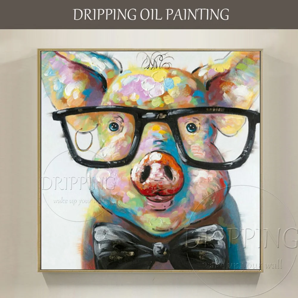 

Free Shipping Artist Pure Hand-painted High Quality Funny Piggy with Glasses Oil Painting on Canvas Funny Pig Oil Painting