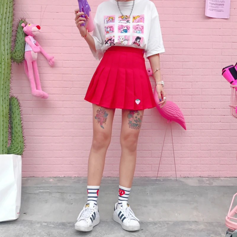 Harajuku стиль милое клубничное платье с вышивкой Женская Повседневная хлопковая милая маленькая свежая мини-юбка с высокой талией плиссированная юбка