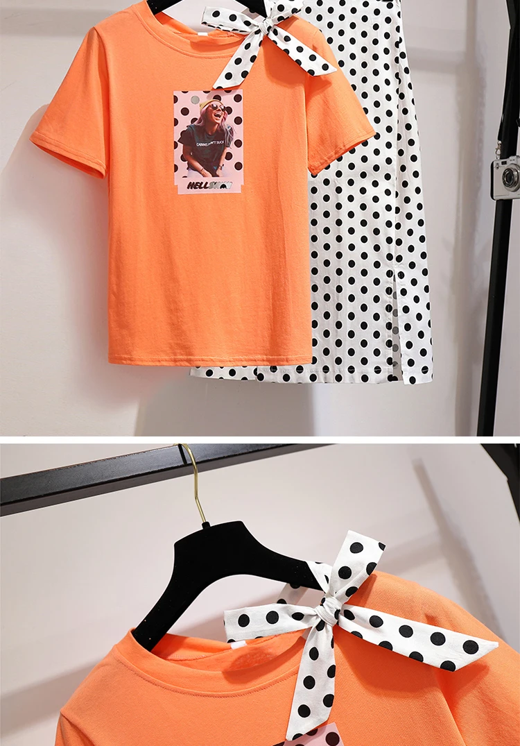 Женский комплект одежды в горошек из 2 предметов футболка с бантом и принтом