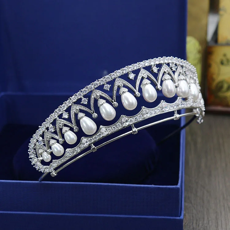 SLBRIDAL великолепные прозрачные свадебные диадемы с кубическим цирконием и жемчугом CZ свадебные королевские вечерние женские украшения для волос