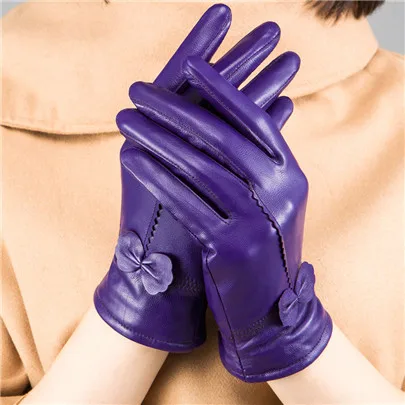 G044 Violet YRRETY новые модные женские теплые перчатки из натуральной овчины, женские кожаные теплые перчатки с кружевным бантом и искусственным кроличьим мехом - Цвет: G044 Violet