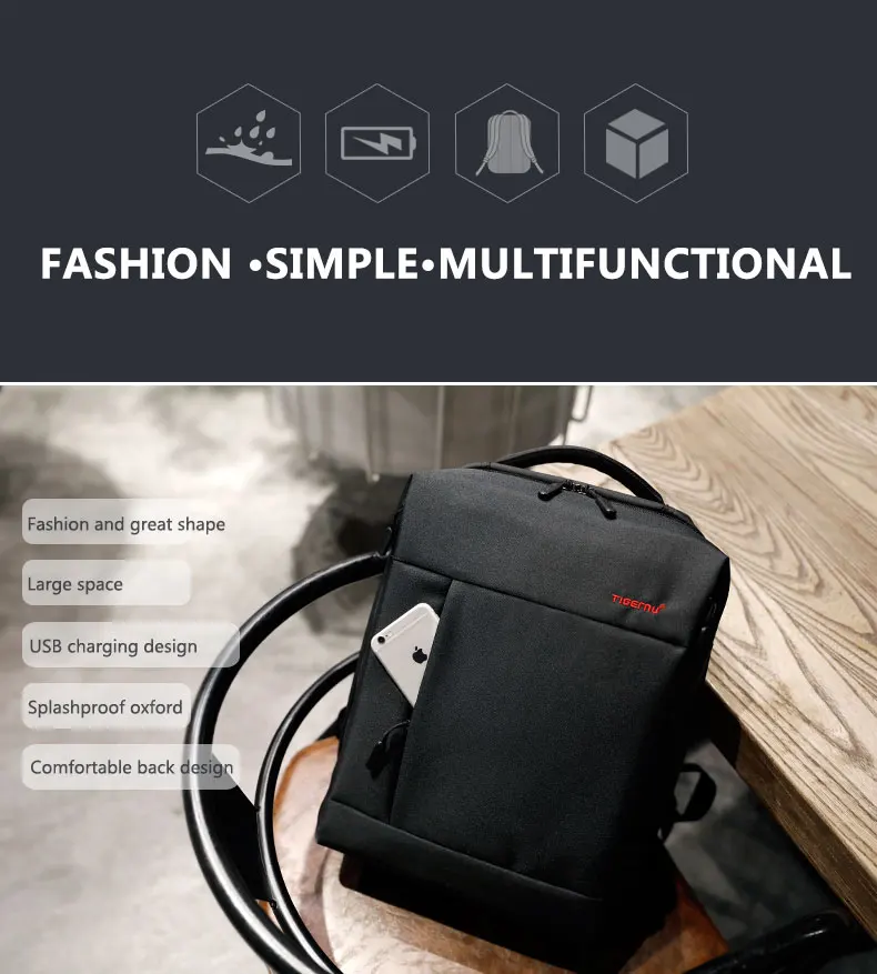 Tigernu брендовый тонкий рюкзак с USB зарядкой для мужчин 14 дюймов, рюкзаки для ноутбука, женские водонепроницаемые простые школьные рюкзаки, сумка для подростков