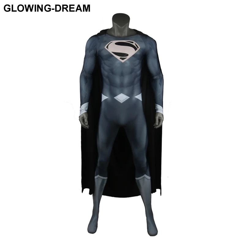 suit with cape Светящийся-мечта Высокое качество Черный Супермен Косплей Костюм с рельефным логотипом мышечный оттенок черный Супермен костюм с U молнией - Цвет: suit with cape