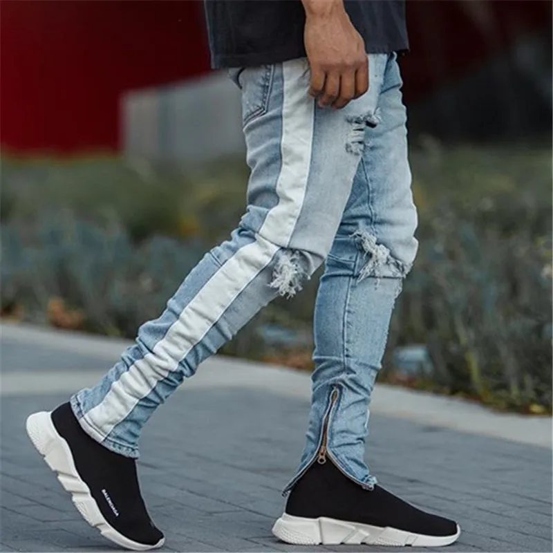 REPPUNK новые модные хип-хоп качественные удобные мужские джинсы из хлопка Эластичные Обтягивающие рваные Мужские штаны с боковой молнией