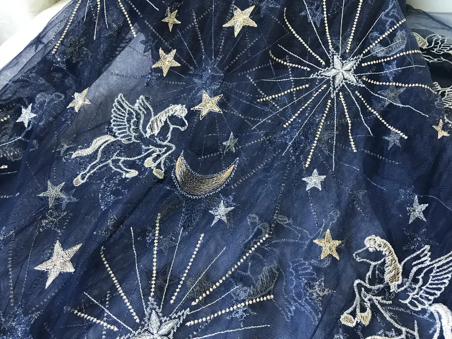 120cm Wide 3 Yards Star Horse Moon With Gold Silver Thread Mesh African Lace Fabric In Navy Blue/Champagne For Bridal Gowns | Дом и сад