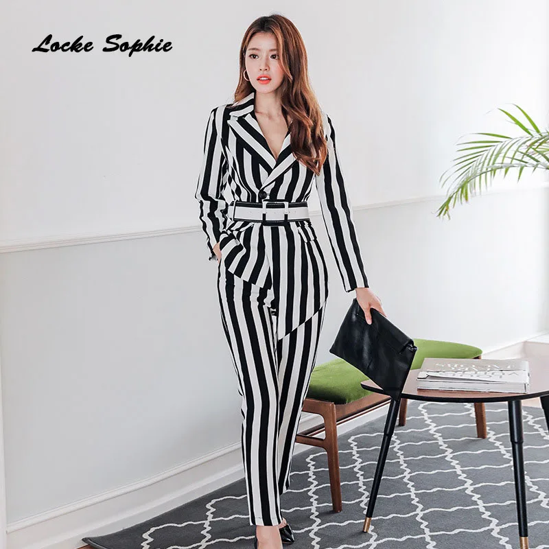 2 piece set womens Sexy tops and pants 2019 Summer cotton blend stripe waist belt suits ladies Skinny business suit twinset | Женская