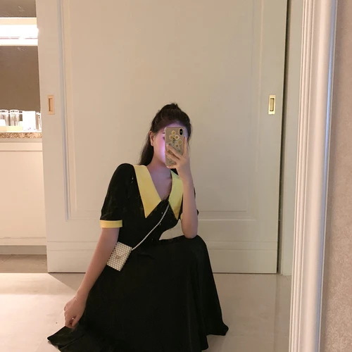 Винтажное платье праздничная одежда цвет желтый черный элегантная женская в