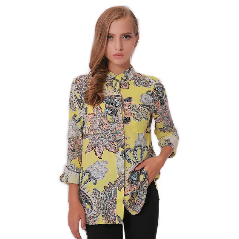 Новые цветочные печатных женщины блузки свободного покроя с длинными рукавами