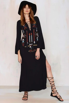 Женщины винтаж этническая цветок вышивка глубокий v образный вырез хиппи Boho