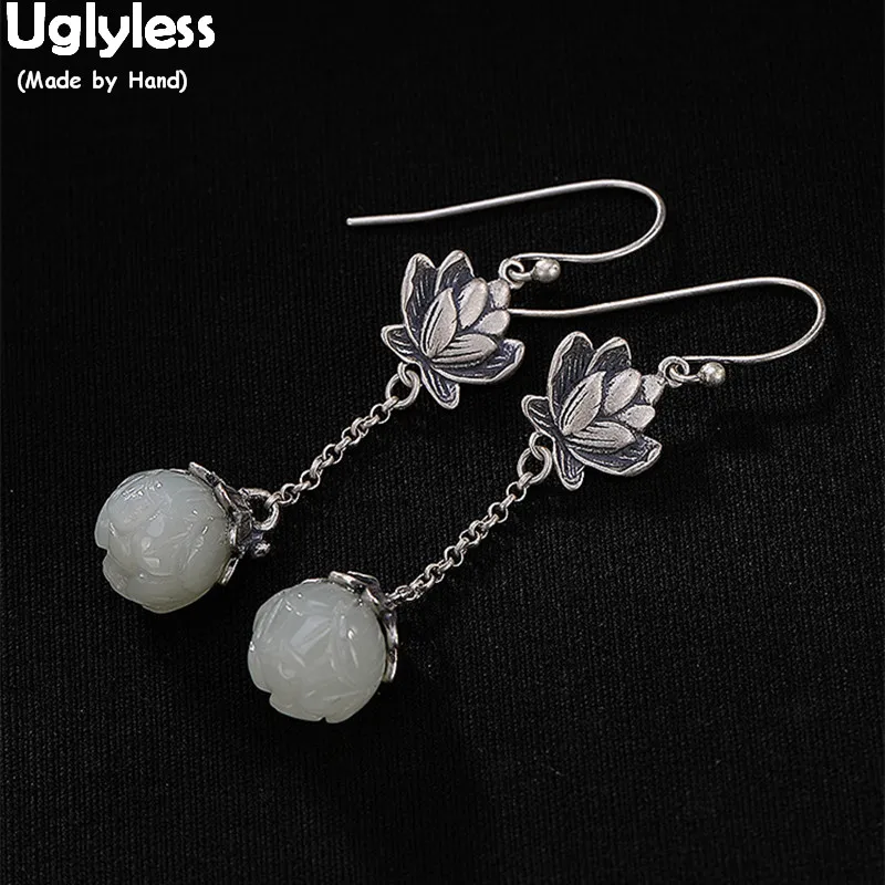 Uglyless 100% Real 925 Sterling Handmade Lotus Earrings Natural White Jade Flower Fine Jewelry Thai Silver Ethnic Brincos Bijoux | Украшения