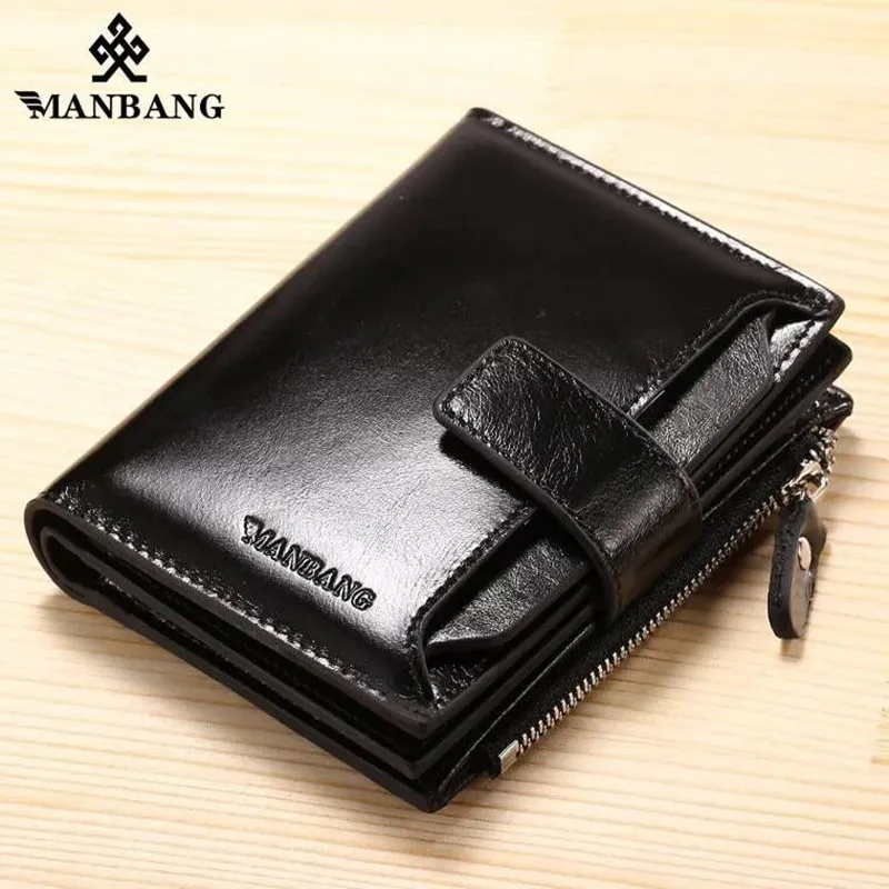 Black ManBang,, кошельки, мужские, короткие, из натуральной кожи, держатель для карт, на застежке, брендовый, мини кошелек, складной, дизайнерский, для монет, мужской - Цвет: Black