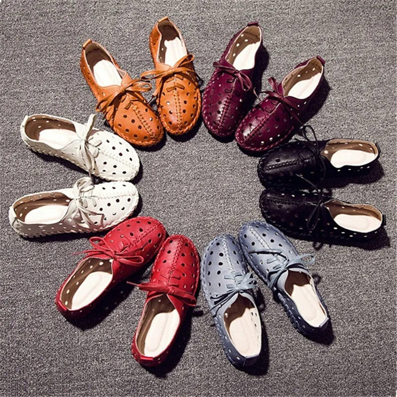 DRFARGO Summer Shoes Women Genuine Leather Loafers Hollow cutout Breathable Holes Soft Femme Chaussure Lace up Shoes 35-41 1605