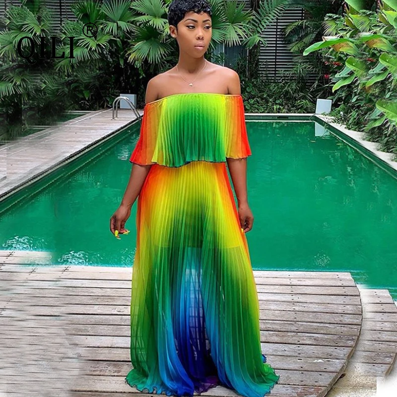 QILI 2019 Summer Pleated Chiffon Dress Loose Long Maxi Beach Dresses Rainbow Print Plus Size Off Shoulder For Womens | Женская одежда