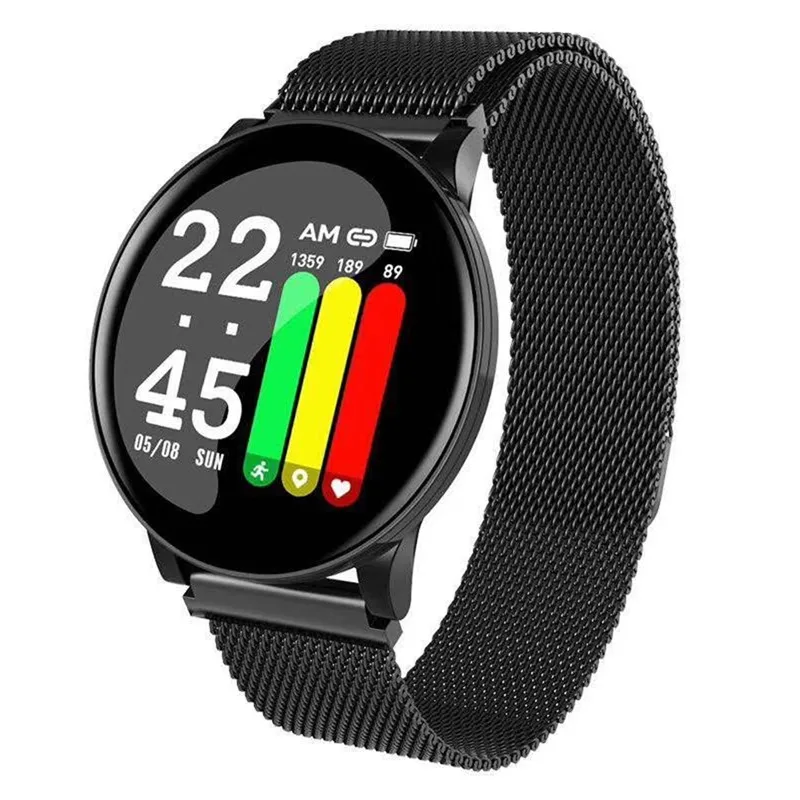 Умные часы W8 с Bluetooth, водонепроницаемые, пульсометр, 2.5D стекло, круглый экран, 1,3 дюйма, фитнес-трекер, погода, умный Браслет pk V11 - Цвет: Black Steel strap
