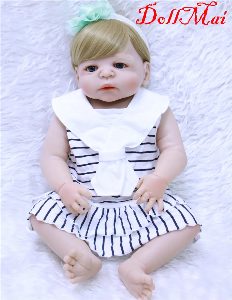 

High quality real full silicone reborn baby dolls 22" bebe girl reborn bonecas can enter with dress pacifier children gift dolls