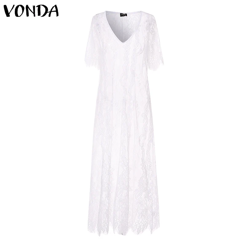 Женское длинное платье макси VONDA Пляжное прозрачное ажурное с v-образным вырезом