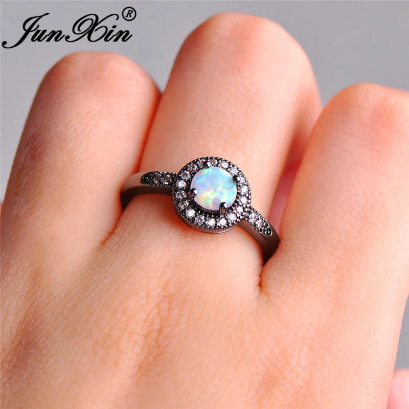 JUNXIN New Retro Classic Black Gold Filled Ring Finger Accessories Round White Fire Opal AAA Zircon Female Wedding Party Gifts |