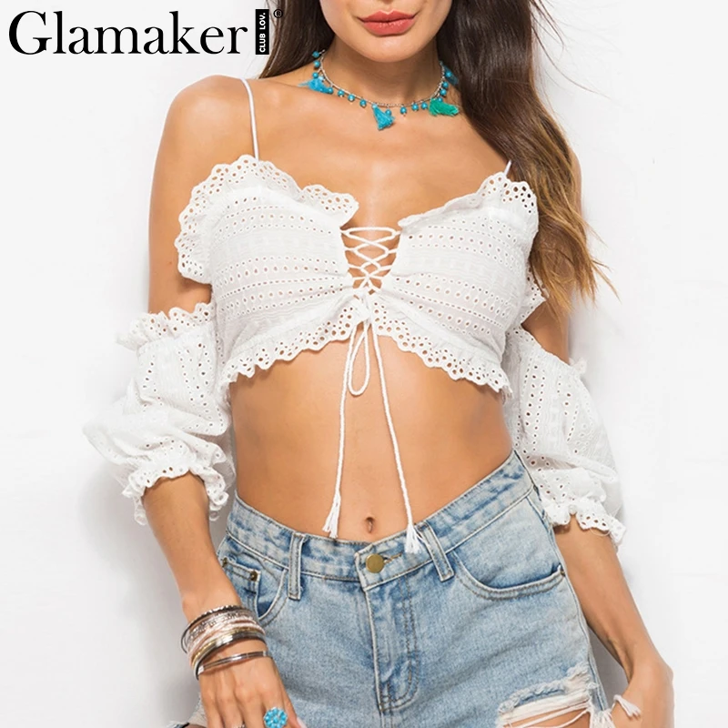 Женский короткий топ Glamaker белый с открытыми плечами на лето со шнуровкой