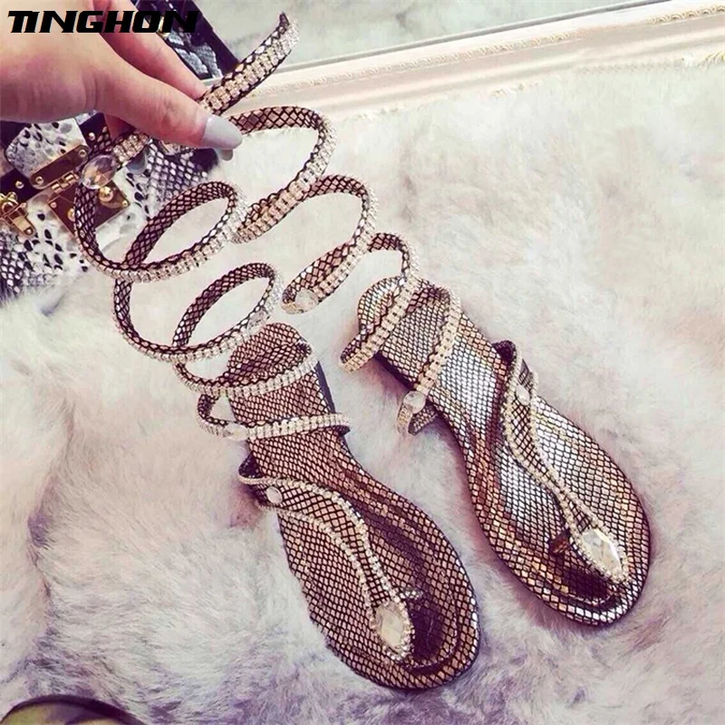 

TINGHON New Arrive Snake Women Summer Shoes women sandals Crystal Around Women Gladiator Sandal women Boots 35-46