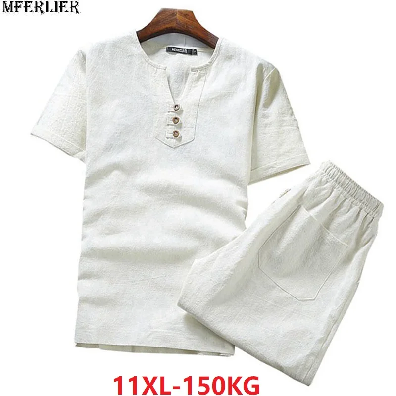 Размера плюс большие 9XL 10XL летняя Мужская льняная футболка с коротким рукавом и