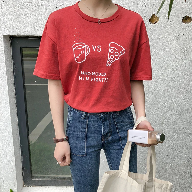 Для женщин футболки топы Япония Kawaii дамы Ретро Простой Кофе Pizza Print хлопковая