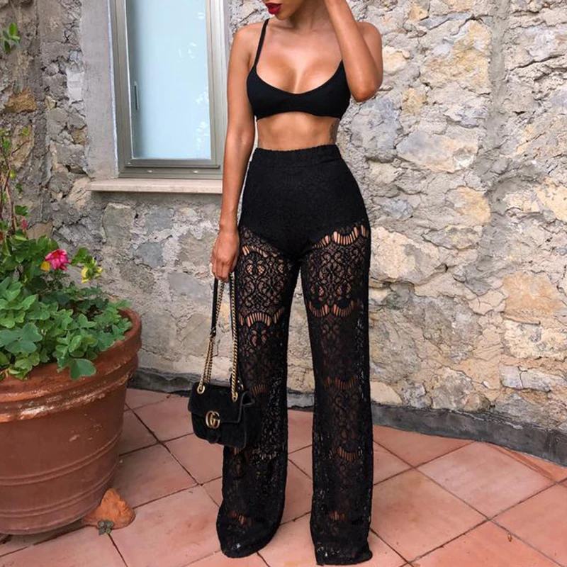 

Floral contact lace pants Women hollow out long trousers Summer 2018 sexy club party wide leg pants Black white lace pantalon
