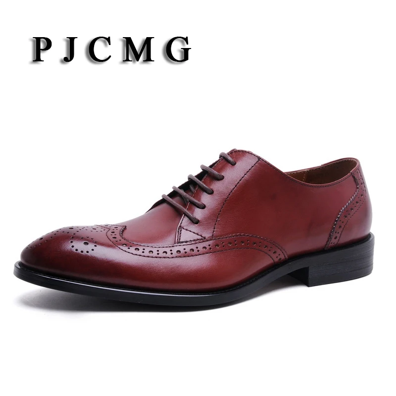 

PJCMG Wing Tip Leather Men's Business Lace-Up Red/Black Formal Brogue Pointed Toe Carved Oxfords Vintage Men's Flats Shoes