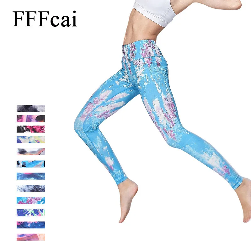 FFFcai Women High Waist Yoga Pants Printed Fitness Legging Elastic Sport Gym Workout Running Leggings Dance Trousers | Спорт и