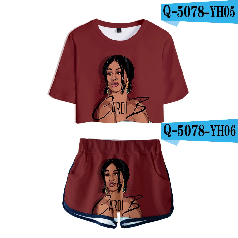 Q5078 Женская одежда, 2 предмета, женский розовый костюм Cardi B, футболка с 3D принтом, женский костюм, шорты, летний укороченный топ из 2 предметов, ансамбль женский - Цвет: Q5078