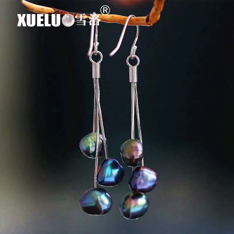 XUELUO 2019 Fashion 925 Sterling Silver Natural Real Cultured Fresh water Black Baroque Pearl Earrings | Украшения и аксессуары