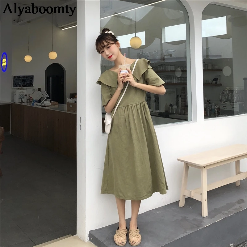Японские Harajuku Летние Женские однотонные платья белые армейские зеленые