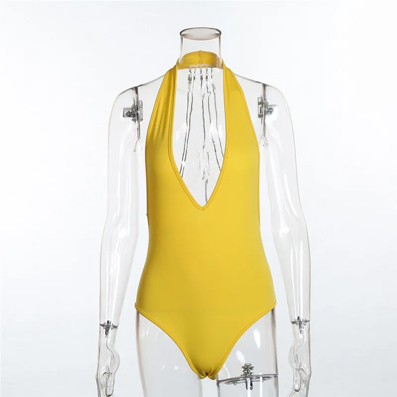 Yellow Bodysuit JYConline сексуальное боди с открытой спиной и металлической цепью комбинезон женский комбинезон на бретельках без рукавов Глубокий v-образный вырез купальник женский гимнастический костюм - Цвет: Yellow Bodysuit