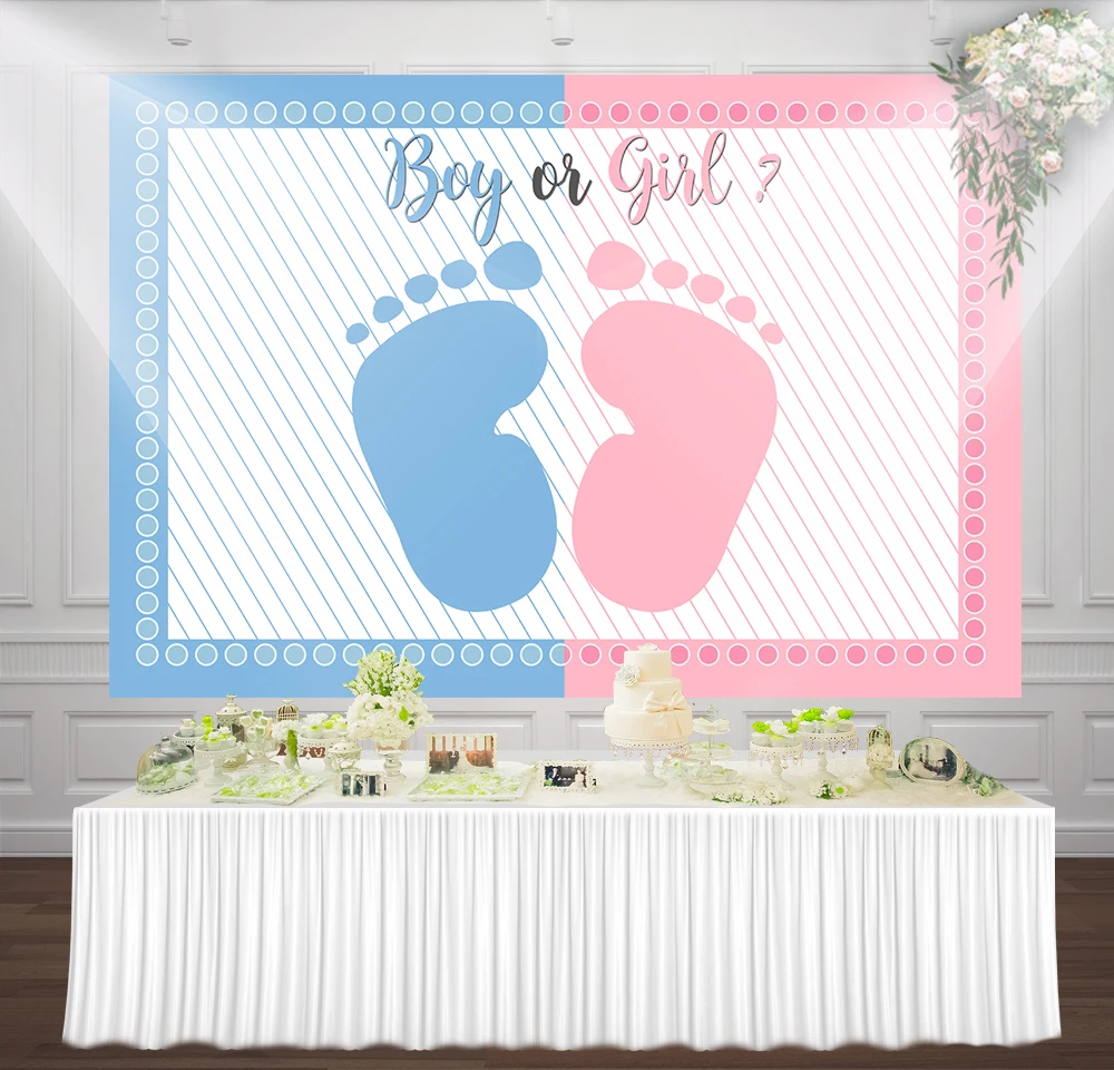 Boy Or Girl Baby Footprints Background Pink And Blue Baby Shower Photography Backdrop Banner Invites Gender Reveal Party Banner