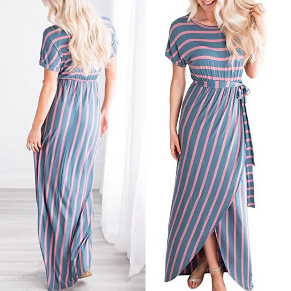 Модные повседневные женские платья Макси Boho в полоску летнее пляжное длинное